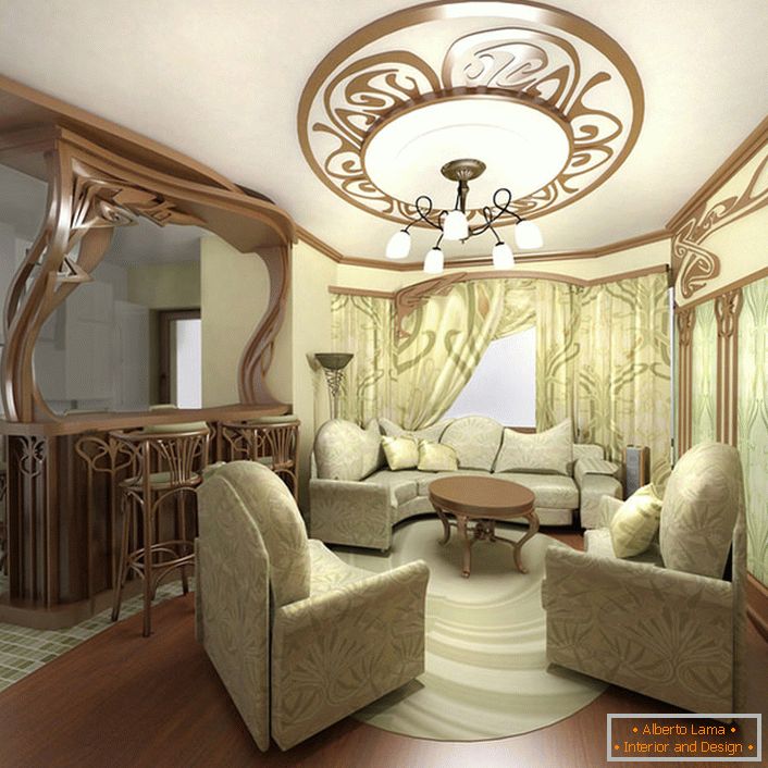 Exquisite furniture for a small living room in the Art Nouveau style in a city apartment in Moscow.