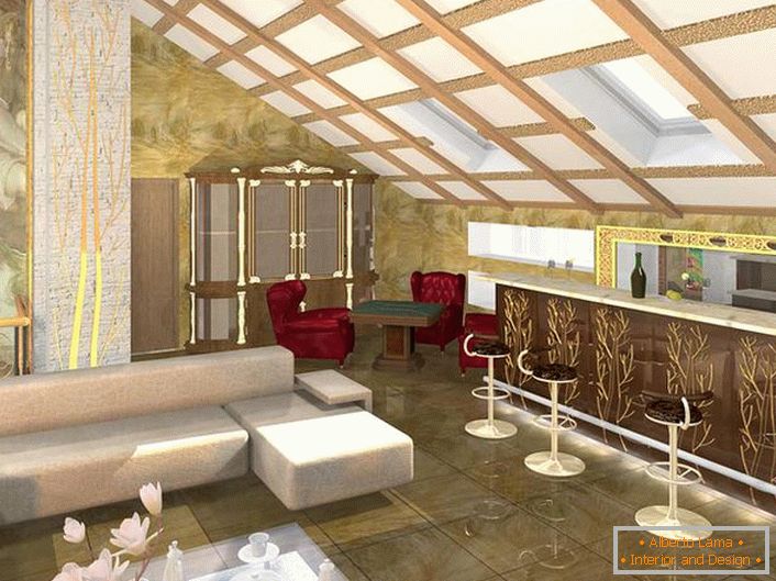 Design project correctly planned room for guests in the Art Nouveau style. A minimum of furniture, contrasting colors in the best traditions of style.