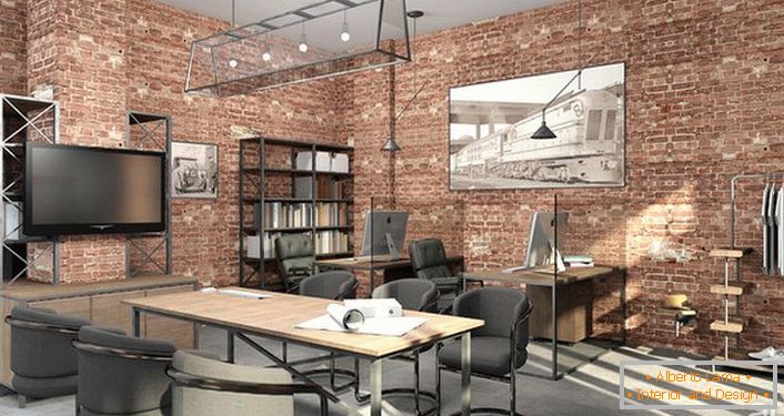 Bricklaying and metal elements of the interior are one of the main signs of the presence of a loft.