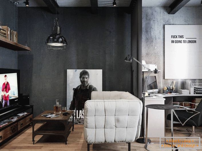 Imitation of bare concrete walls is an excellent solution for a loft style office.