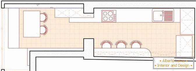 The layout of the long narrow kitchen with balcony