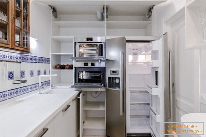 Creative design of a narrow long kitchen with a loggia