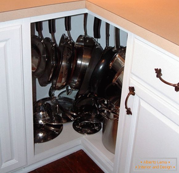 Special hooks for frying pans in a corner cabinet