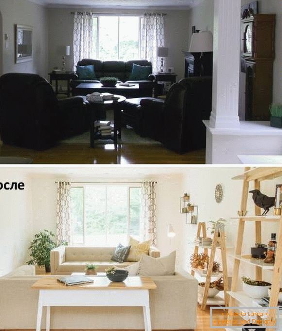 Arrangement of furniture in the living room before and after the shift