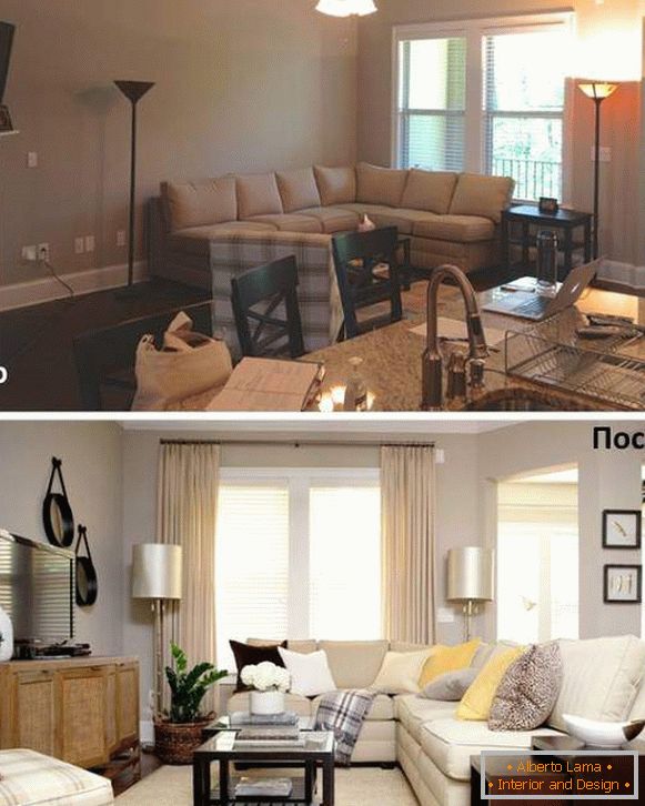 Variants of arrangement of furniture in a drawing room on a photo before and after