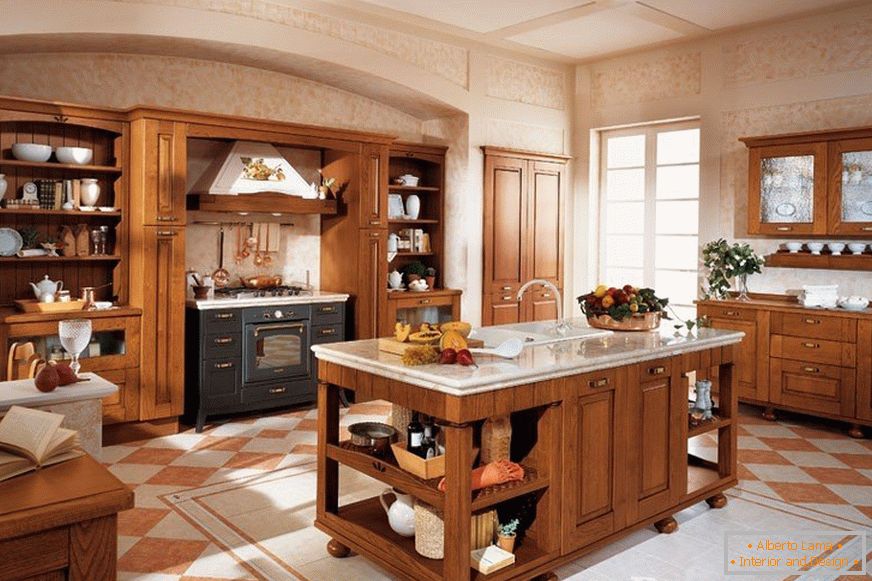 Interior of a classic kitchen with a sink in the center