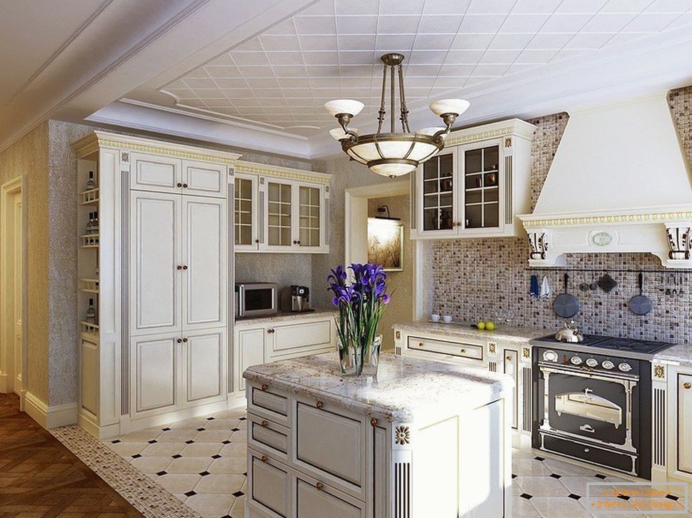 Design of a classical kitchen combined with a hall