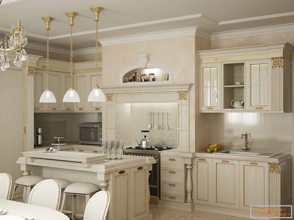 White kitchen with gilded facade decoration