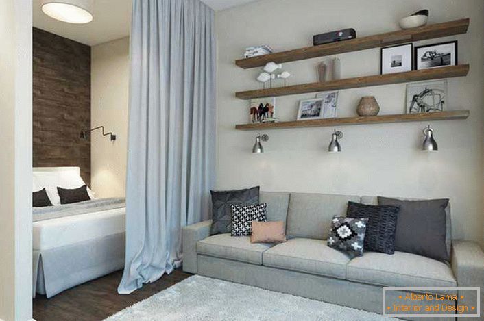 The design layout of a studio apartment of 40 square meters divides the space into a living room and a bedroom. The place for rest is covered with a heavy heavy curtain. 