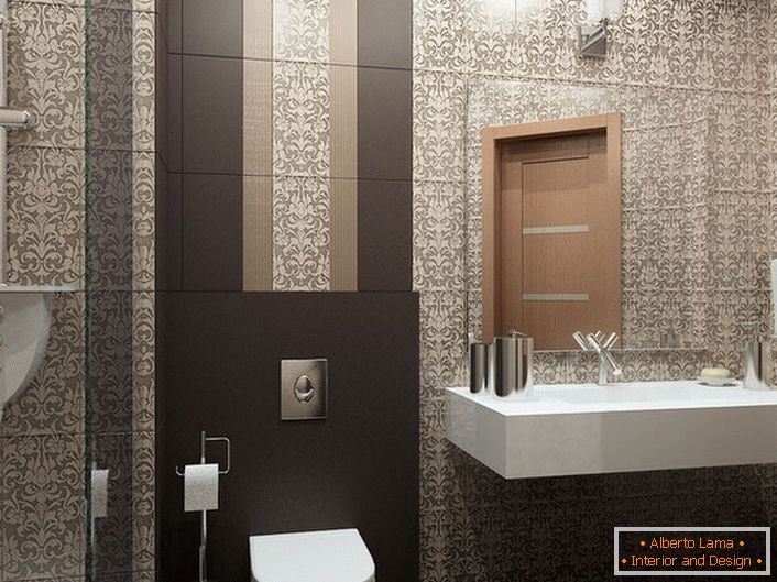 For the decor of the bathroom, the designer picked up ceramic tiles in the Art Deco style. An elaborate pattern of elongated shape makes the ceilings visually higher.