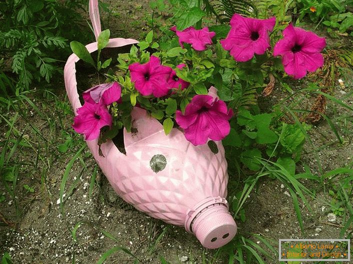 Mini-flower bed of plastic bottle is made in the form of a pink piglet.