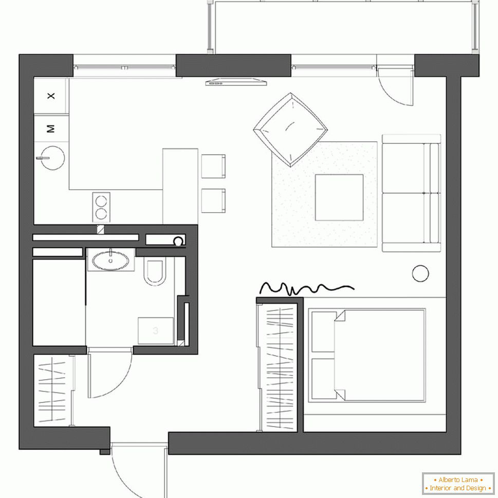 The layout of a small studio apartment in Novosibirsk