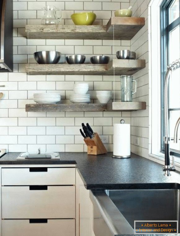 Wooden shelves for kitchen walls