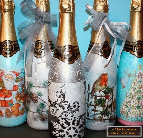 Decoupage and decor of a bottle of champagne for the New Year