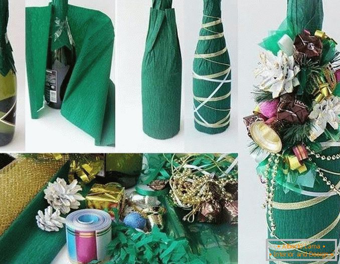 Decorating a bottle of champagne with soft paper and other decor