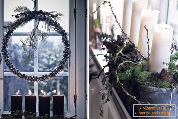 Christmas decoration of windows - photo with natural materials