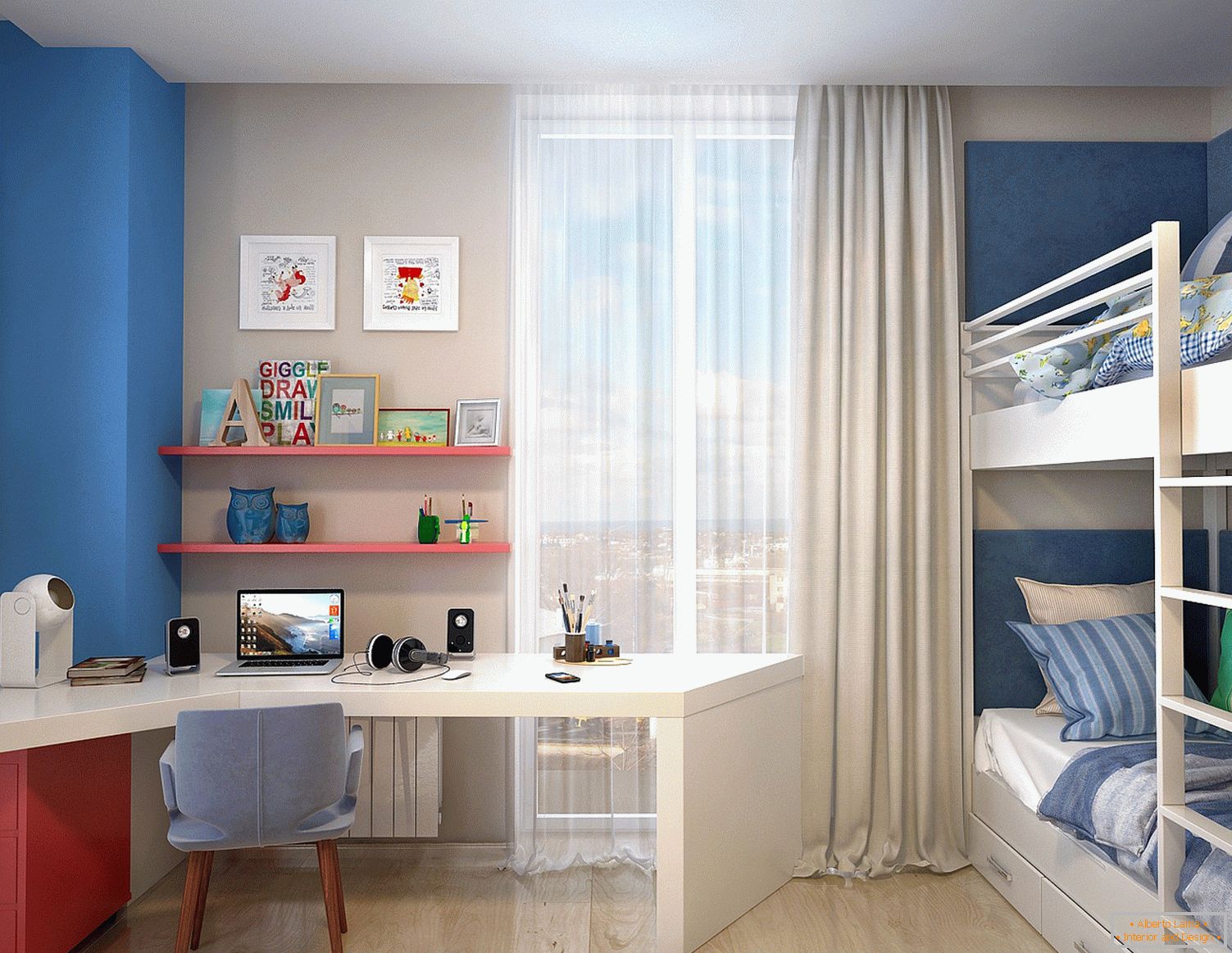 A small children's room with a bunk bed for two children