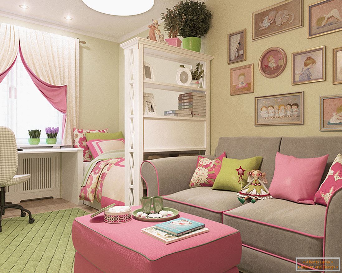 A shelving separating the area for guests and a sleeping area in the nursery