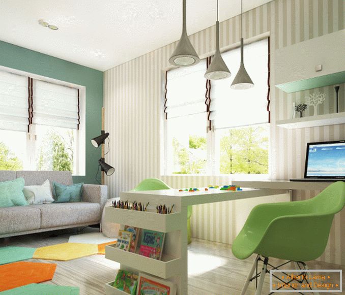 Bright children's room with a gray sofa