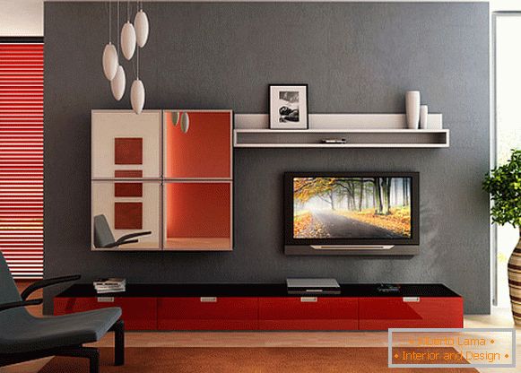 Small living room in gray-red tones