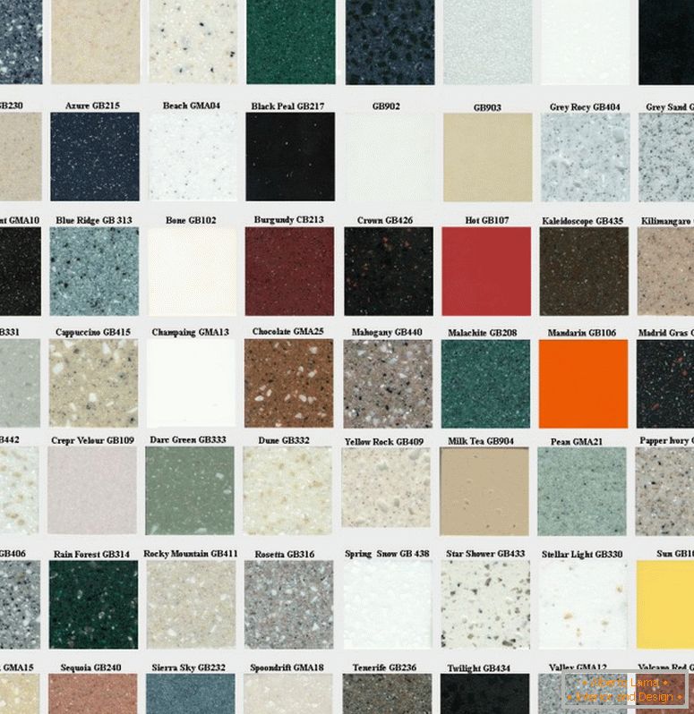 The palette of colors of countertops from an artificial stone. 