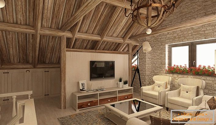 Guest room on the attic floor of the Scandinavian house. The attic space under the clear guidance of the designer has become a full-fledged, functional and attractive living room.