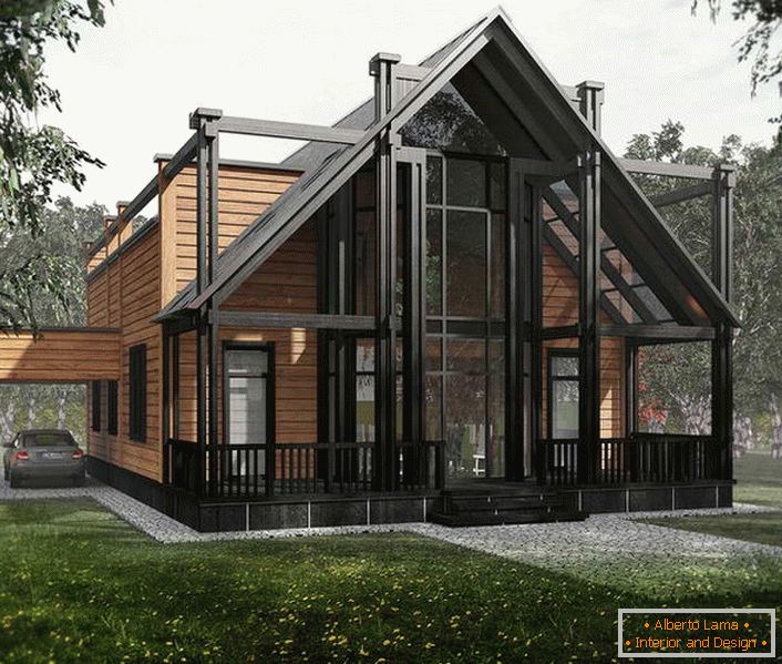 The modular house is finished with a tree. Elegant, exquisite decoration of the facade makes the building attractive.