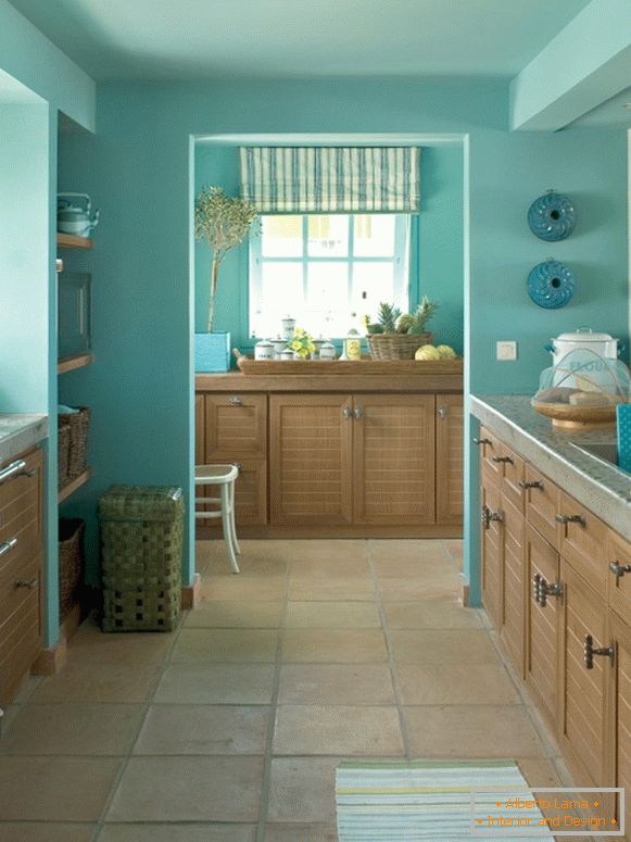 Kitchen with blue walls and ceiling