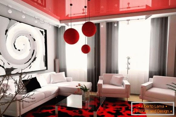 Interior design with stretched ceiling red