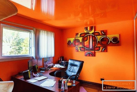 Bright interior with a stretch ceiling of orange color