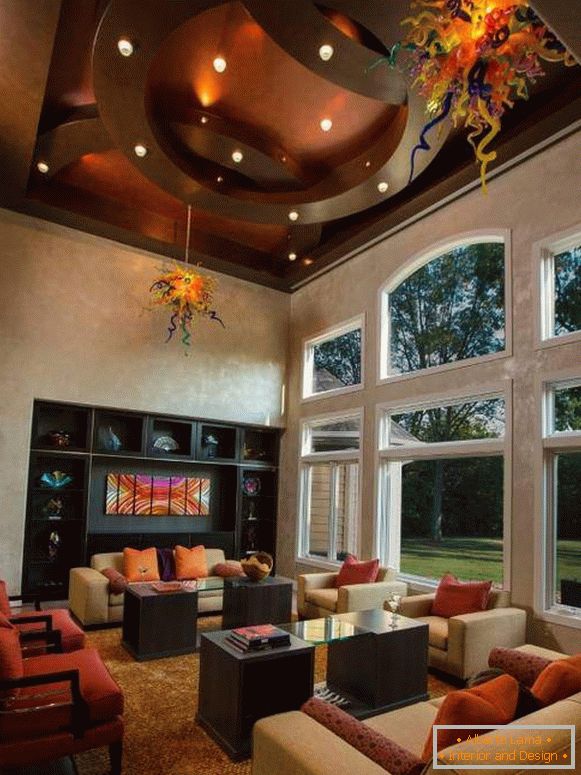 Metallic stretch ceilings of chocolate color in the living room