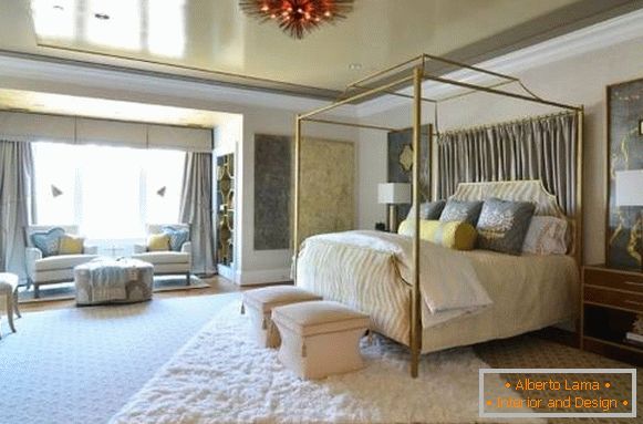 Elegant stretch ceiling with a metallic effect in the bedroom design