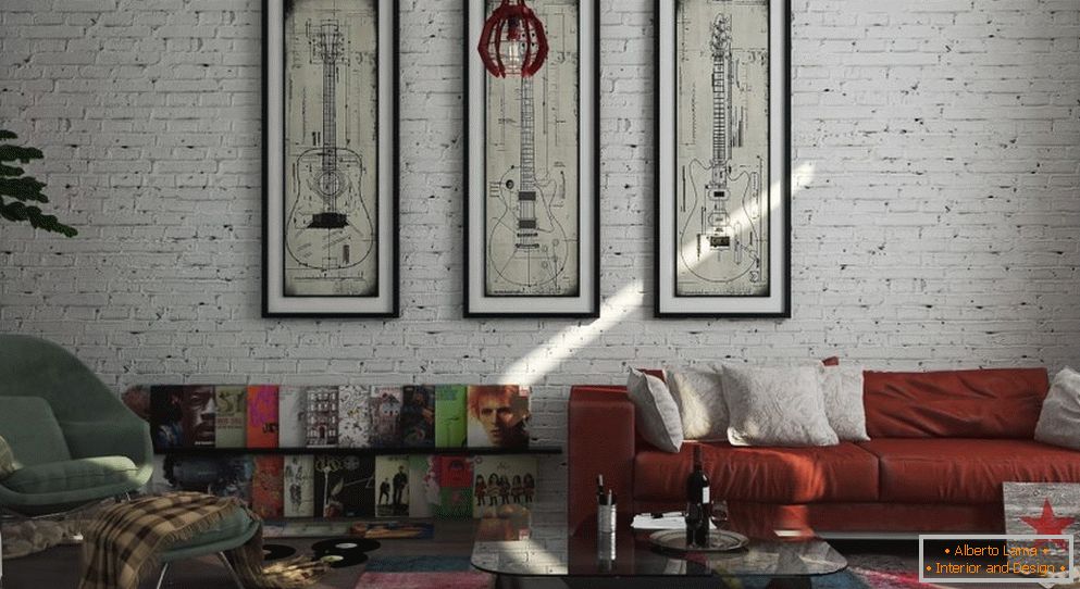 Interior in loft style with paintings