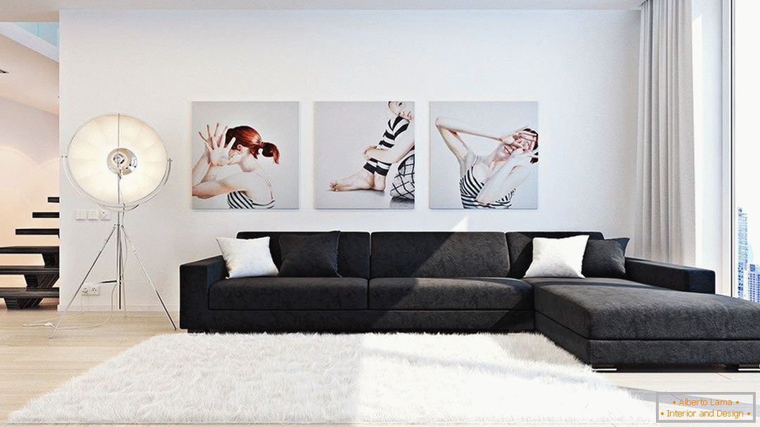 Living room in minimalist style with paintings