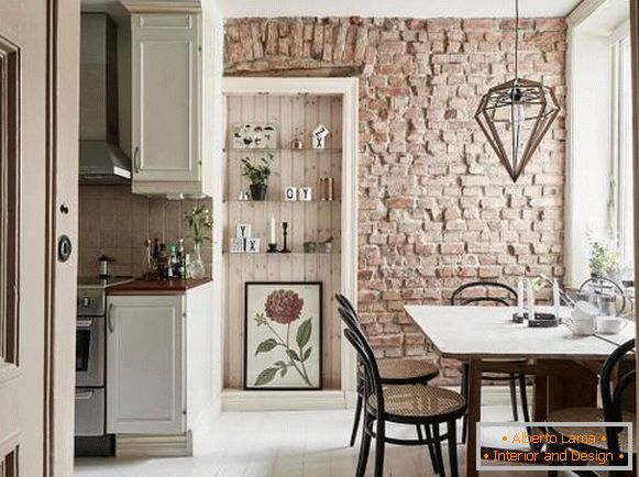 How to look brick wall in the interior of the kitchen