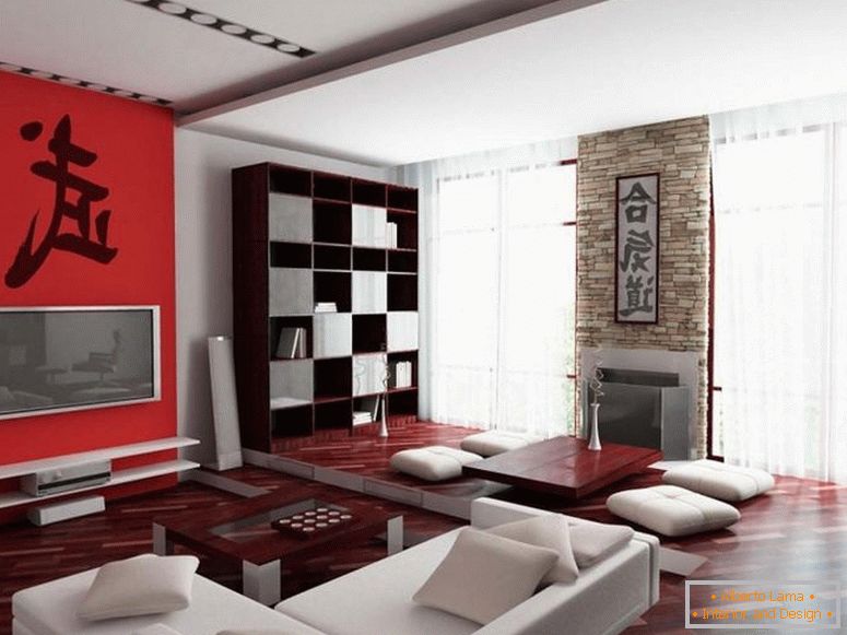 Spacious living room in red and white colors