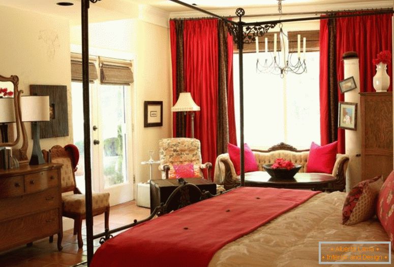 traditional-master-bedroom-furniture-with-red-curtain-antique-mirror-and-table-lamp-unique-tiles-flooring-best-light-yellow-wall-painting-color-lounge-chairs-classic-elegant-design-ideas