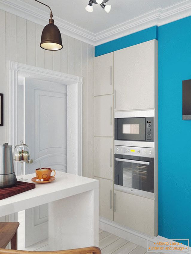 Built-in appliances in the kitchen of a light apartment for a girl