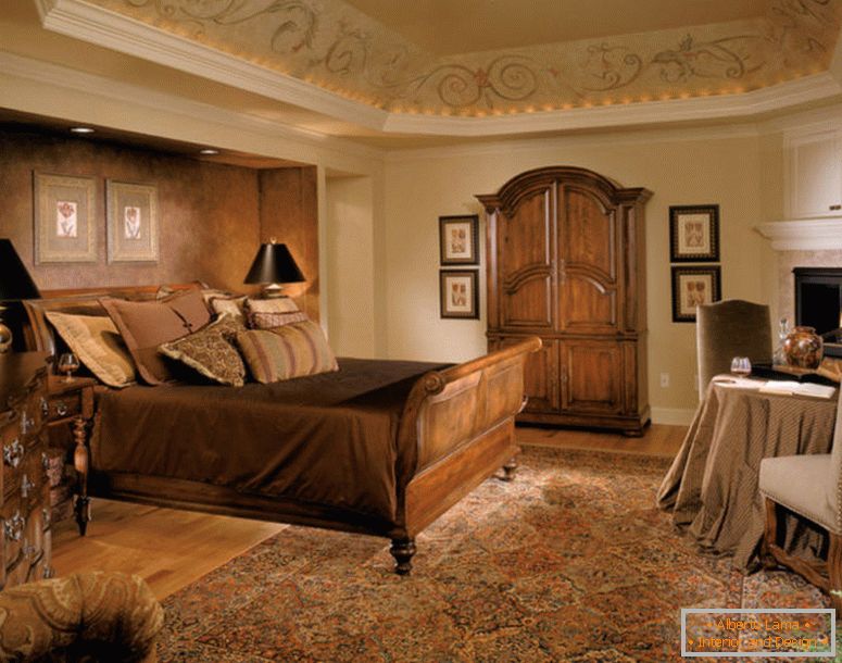 midcentury-royal-bedroom-wooden-bed-frame-furniture-persian-rug-brown-feature-wall