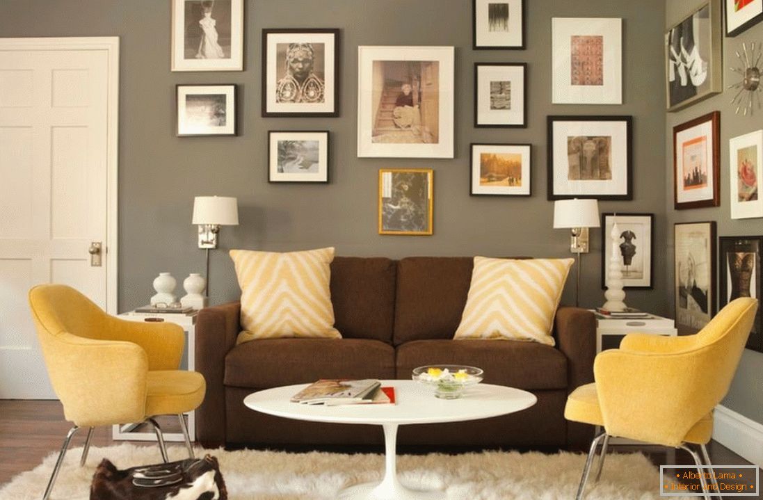 Brown sofa and yellow armchairs