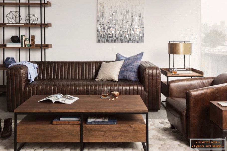 Dark brown sofa in a light interior
