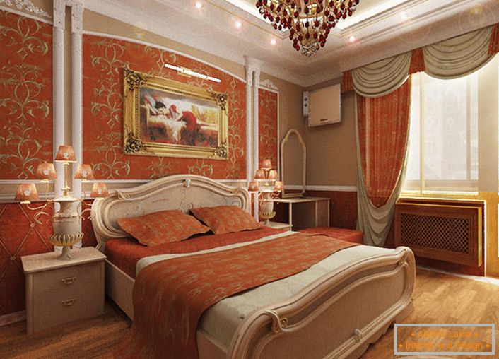 Bedroom in Empire style for a young lady. A bright coral color in combination with a gold pattern makes the design truly exclusive and stylish.