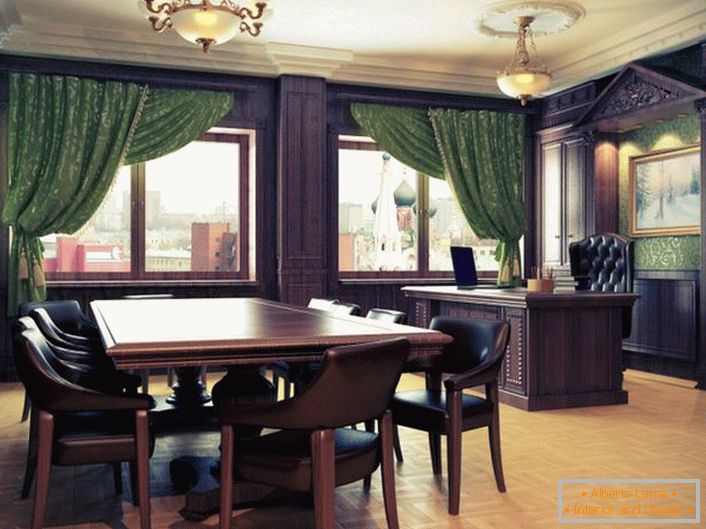 Office in the style of Empire. Ideal solution for city apartments. Massive wooden furniture with smooth polished surfaces of dark wood is perfectly combined with a light parquet.