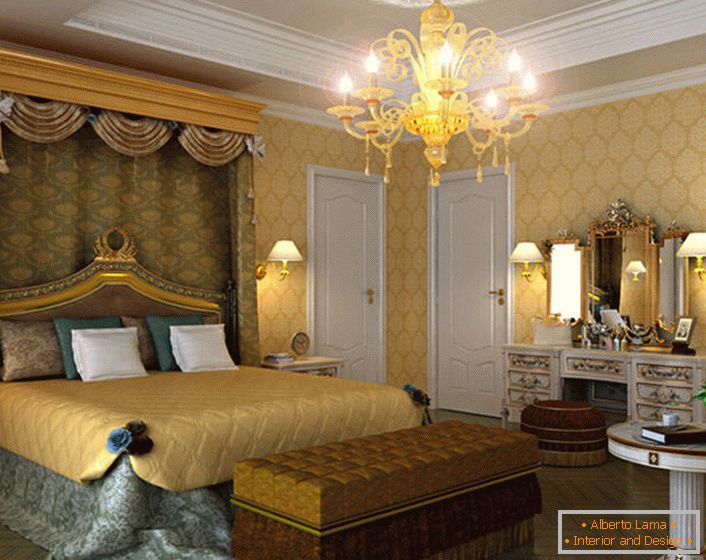 A spacious bedroom in Empire style with properly selected lighting. Above the bed hangs a canopy from expensive, heavy fabric.