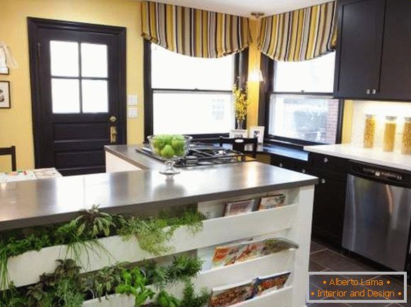 Fashionable design of curtains for the kitchen in yellow and brown color