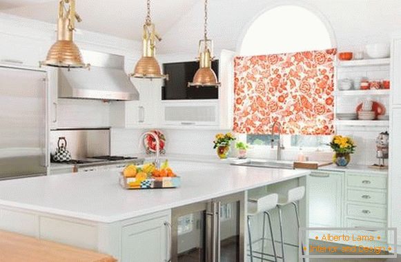 White curtains for the kitchen with a red pattern