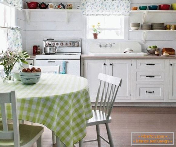 Kitchen curtains of white color with a blue pattern photo 2016