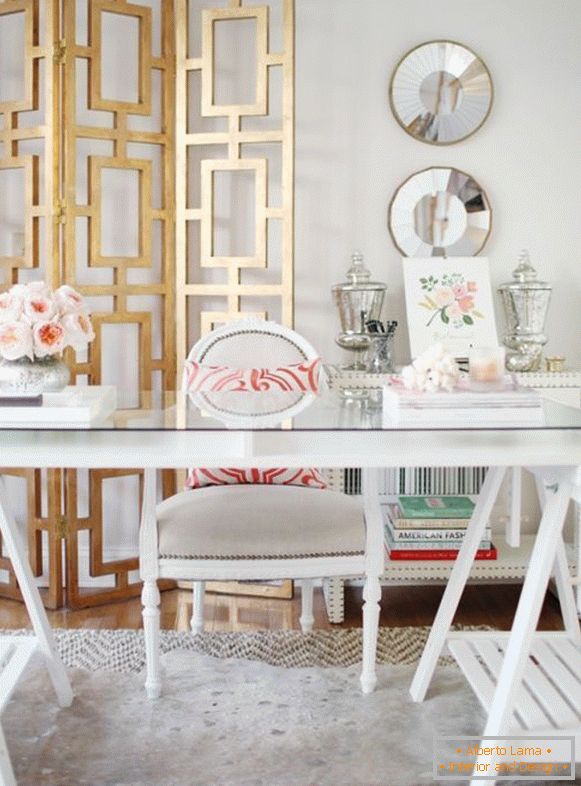 Wooden screen in the interior design of the cabinet