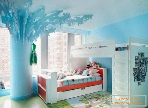 Two-story bed and tree in the room for girls