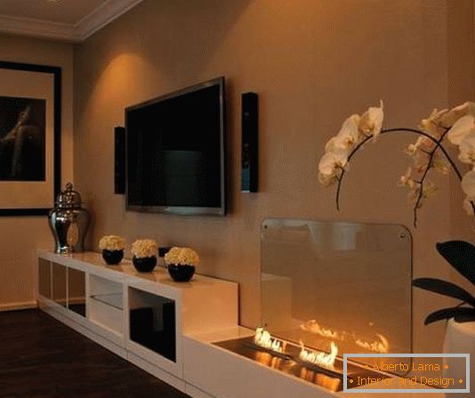 Beautiful living room design with bio-fireplace
